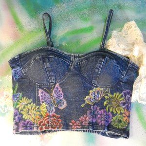 HAND CRAFTED floral denim bustier OOAK custom hand painted jean camisole top